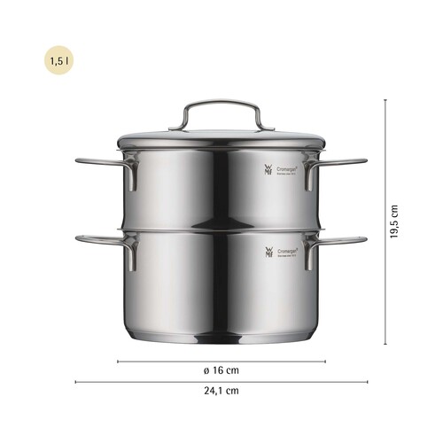 Mini gryte 16 cm /1,5 L med dampkurv + lokk,  rustfritt stål 