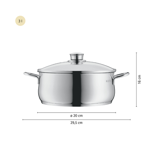Diadem Plus gryte lav 20 cm /3 L med lokk, stål Cromargan 