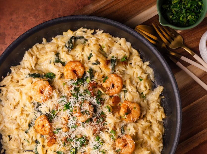 Reker med Orzo og Spinat